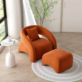 Modern curved hollow back sofa with orange, blue, yellow, and white boucle and velvet upholstery main product image